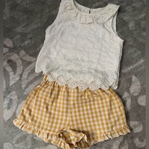 Toddler Girls White Eyelet Top and Yellow Gingham Shorts Set